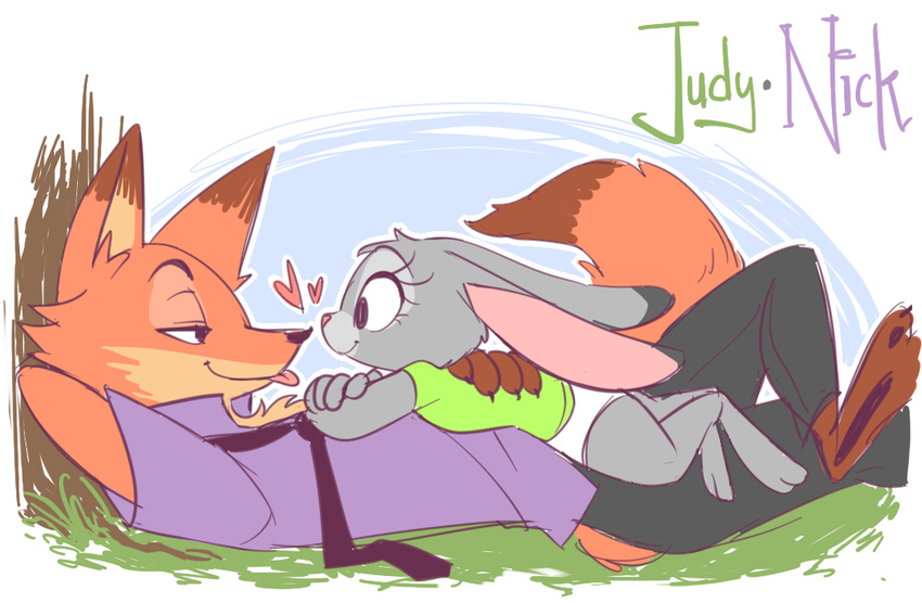 &lt;3 2017 anthro anthro_on_anthro ayrra canine clothed clothing cute disney duo eyelashes female fox fur grey_fur half-closed_eyes judy_hopps lagomorph love lying male male/female mammal nick_wilde on_back orange_fur outside paws predator predator/prey prey rabbit tongue tongue_out underwear zootopia