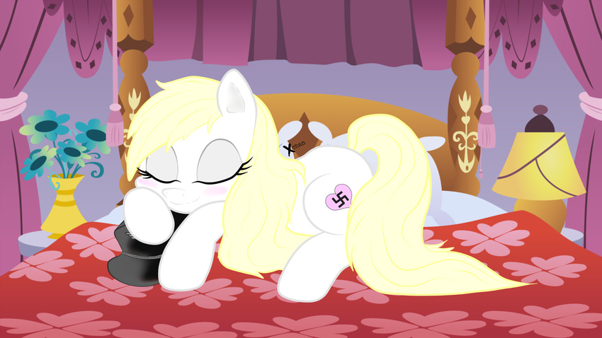 aryanne aryanne_(character) bed bed_sheet bedding blonde_hair canopy equine fan_character female flower hair hat headboard horse lamp mammal my_little_pony pillow plant pony sleeping solo swastika table vase