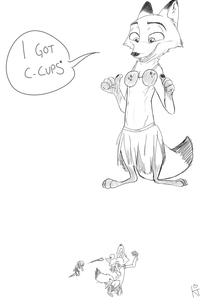 2017 anthro armor black_and_white canine clothed clothing coconut coconut_bra dialogue disney duo english_text female food fox fruit grass_skirt helmet humor ittybittykittytittys kris_(zootopia) male mammal melee_weapon monochrome mustelid nick_wilde otter polearm simple_background spear text weapon white_background zootopia