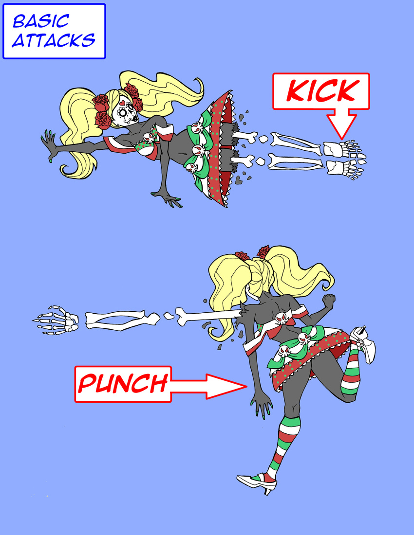 armpits attack black_skin blonde_hair bone clothing d&iacute;a_de_muertos darkstalkers day_of_the_dead fan_character fight flower ghost hair isadora kick monster_girl_(genre) not_furry plant punching rose shirt spirit unknown_artist video_games