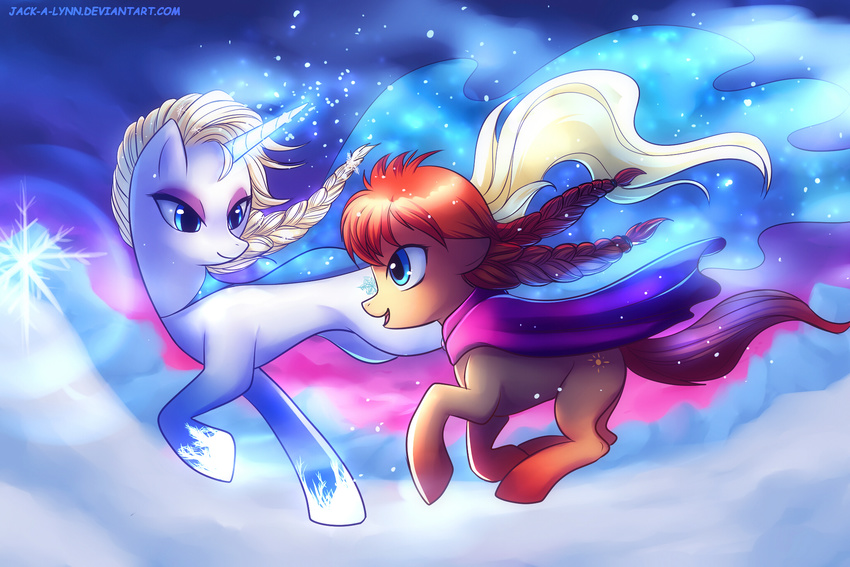 anna elsa equine frozen hi_res horn jack-bunny mammal my_little_pony sibling sisters smile unicorn