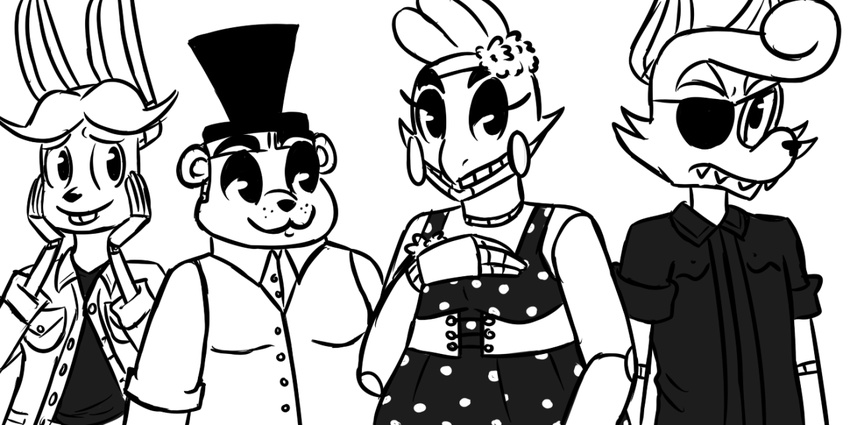 2016 animatronic anthro avian bear bird black_and_white bonnie_(fnaf) buckteeth canine chica_(fnaf) chicken clothed clothing eye_patch eyewear female five_nights_at_freddy's fox foxy_(fnaf) freddy_(fnaf) group hat inkyfrog lagomorph looking_at_viewer machine male mammal monochrome rabbit robot simple_background smile teeth top_hat video_games white_background