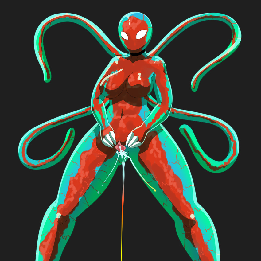 2017 alien anthro anthrofied big_breasts black_background breasts clitoris featureless_breasts female green_body iabelle metroid metroid_(species) navel nintendo nude pussy pussy_juice red_body simple_background solo spread_pussy spreading tentacles video_games white_eyes