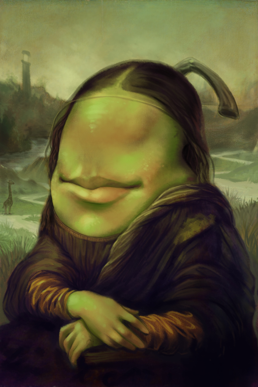 absurd_res big_lips biting_pear_of_salamanca black_hair clothing duo eyeless female feral food fruit giraffe hair hi_res humanoid inspired_by_proper_art leonardo_da_vinci_(artist) lighthouse lips mammal mona_lisa not_furry parody pear smile solo_focus turnipberry water