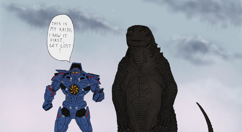 2014 :| ambiguous_gender annoyed armor black_scales bodysuit claws clothing crossover dialogue duo english_text feral front_view godzilla godzilla_(series) kaiju machine male pacific_rim pointing portrait ramul reptile robot scales scalie size_difference skinsuit sky standing text three-quarter_portrait tight_clothing yellow_eyes