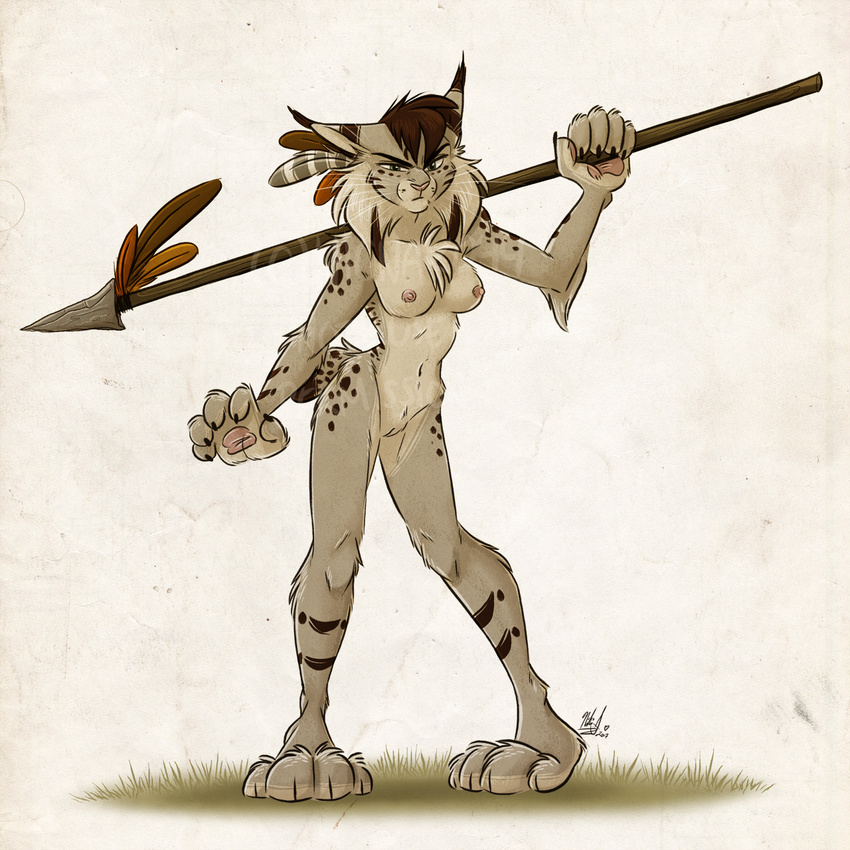 anthro areola armpits breasts cat feline female lynx mammal melee_weapon nicnak044 nicole nicole_(nicnak044) nude pinup polearm pose pussy solo spear warrior weapon