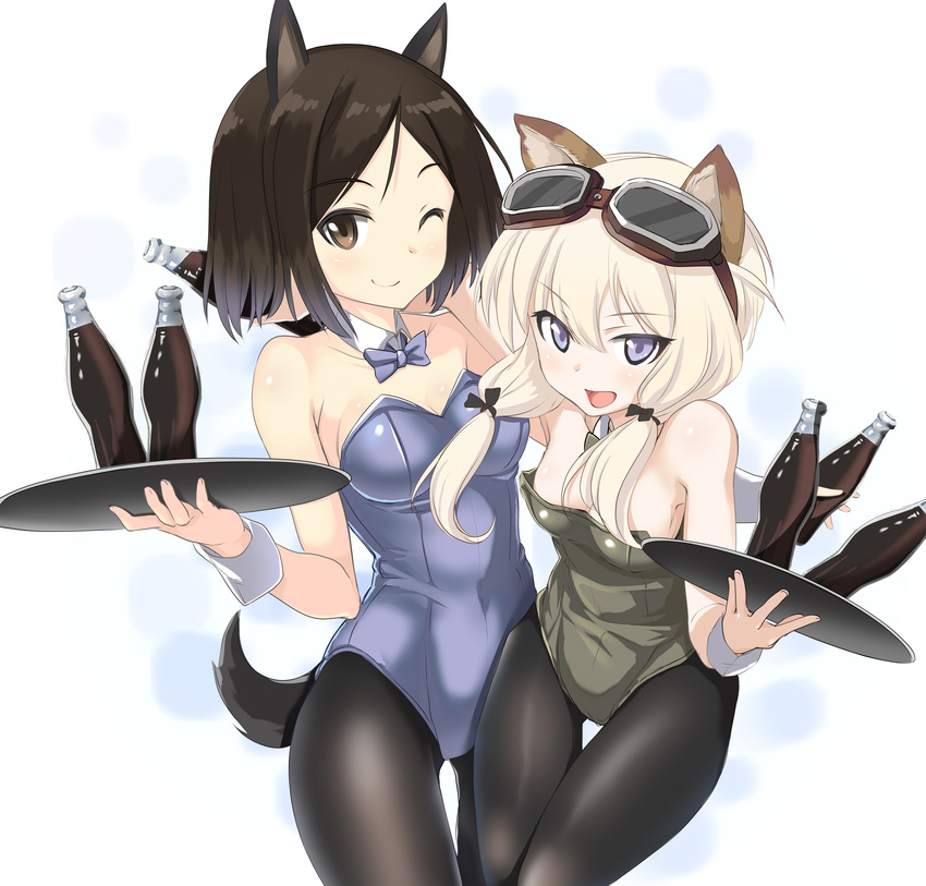 ;) a9b_(louis814) absurdres animal_ears bangs black_hair black_legwear blonde_hair blue_bow blue_leotard bottle bow breasts brown_eyes carla_j_luksic choker cleavage collarbone cowboy_shot eyewear_on_head green_leotard grey_eyes highres holding holding_bottle kuroda_kunika leotard long_hair looking_at_viewer medium_breasts multiple_girls noble_witches one_eye_closed pantyhose parted_bangs playboy_bunny_leotard short_hair simple_background small_breasts smile strapless strapless_leotard tail white_background world_witches_series wrist_cuffs