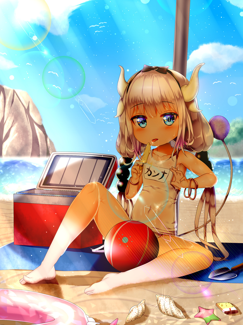 10s 1girl bangs bare_arms bare_shoulders barefoot beach beads black_bow black_hairband blue_eyes blue_sky blunt_bangs bow child cloud collarbone cooler covered_navel day dragon_girl dragon_horns dragon_tail eyebrows eyebrows_visible_through_hair feet female food hair_beads hair_bow hairband holding holding_food horns ice_cream innertube kanna_kamui kobayashi-san_chi_no_maidragon lavender_hair long_hair looking_at_viewer low_twintails omsi007 one-piece_swimsuit outdoors rock saliva seashell sitting sky solo swimsuit tail toes tongue tongue_out twintails water