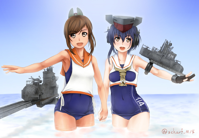 asymmetrical_hair black_hair brown_eyes brown_hair cannon cowboy_shot facing_viewer framed_breasts gloves hair_between_eyes hat headphones highres holding_hands i-14_(kantai_collection) i-401_(kantai_collection) kantai_collection machinery multiple_girls one-piece_tan open_mouth outstretched_arms partly_fingerless_gloves ponytail sailor_collar scharfschutze school_swimsuit short_hair single_glove swimsuit swimsuit_under_clothes tan tanline wading water