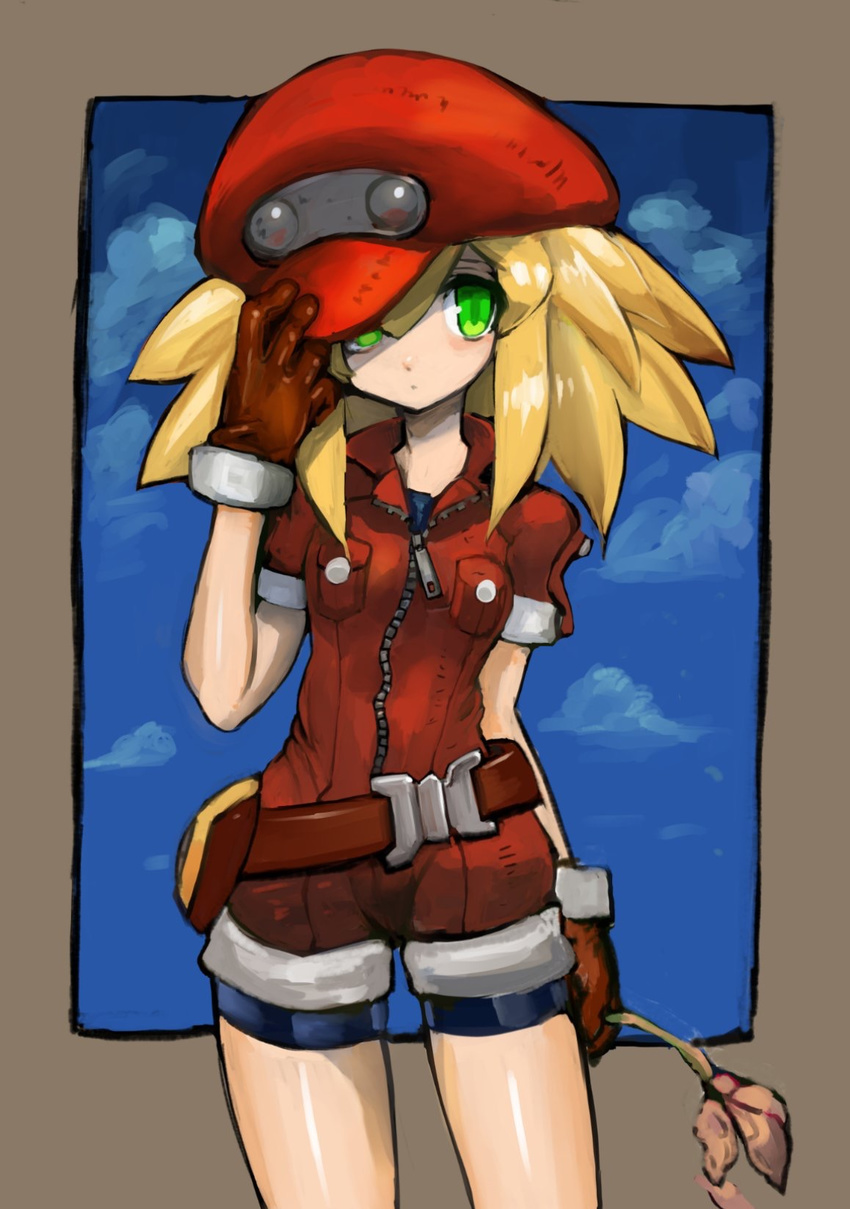 blonde_hair breasts cabbie_hat closed_mouth dakusuta gloves green_eyes hat highres long_hair looking_at_viewer red_shorts rockman rockman_dash rockman_dash_3 roll_caskett shorts small_breasts solo standing