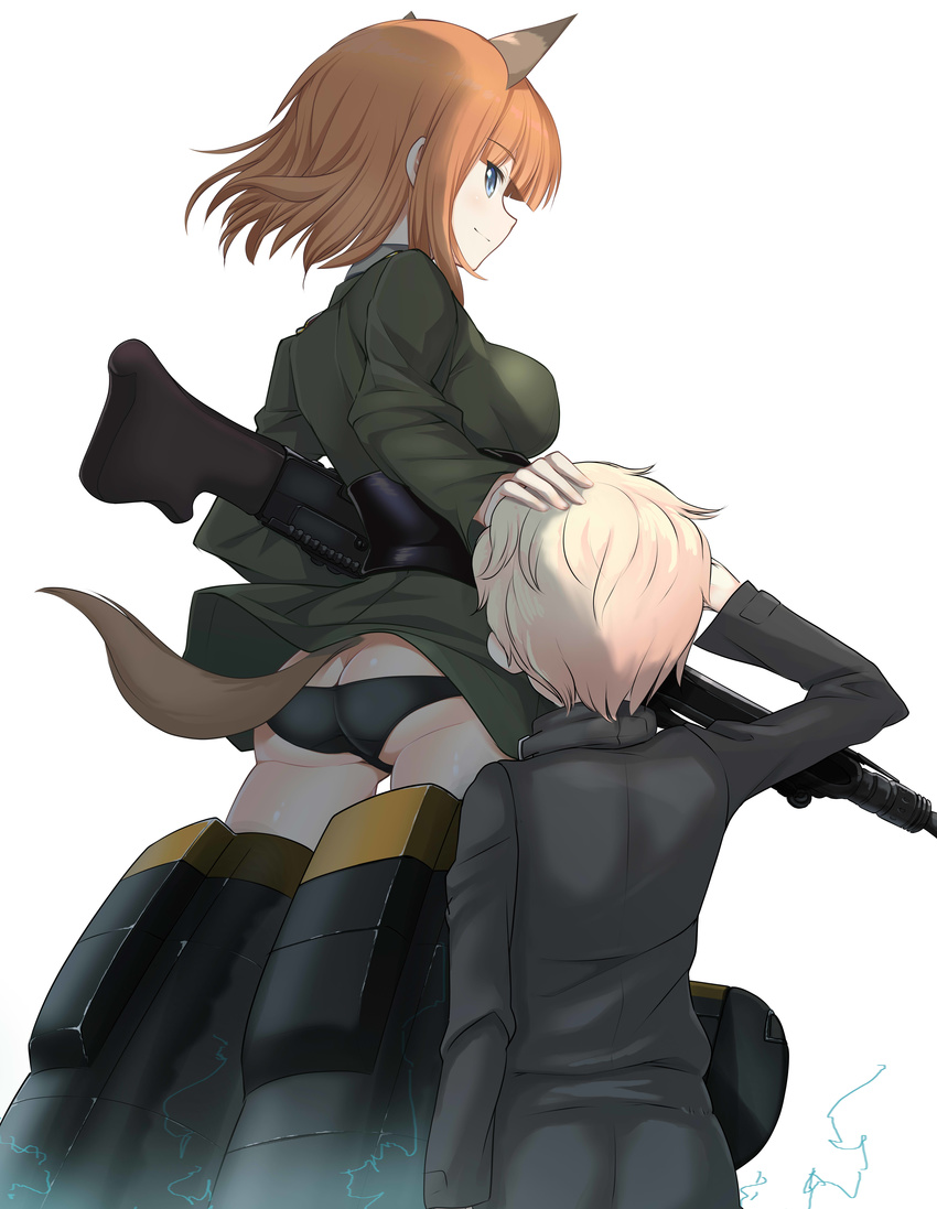 1girl a9b_(louis814) absurdres animal_ears ass black_panties blonde_hair blue_eyes brave_witches gun gundula_rall hand_on_another's_head highres machine_gun mg42 military military_uniform orange_hair panties pantyshot pantyshot_(standing) salute short_hair standing striker_unit tail underwear uniform weapon wolf_ears wolf_tail world_witches_series