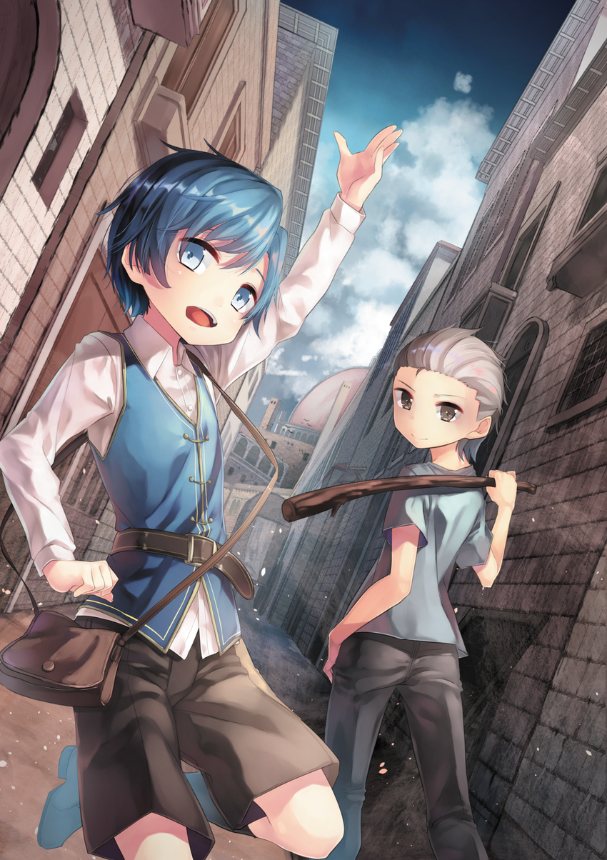 alley arm_up belt blue_eyes blue_hair child city cloud dutch_angle fantasy hair_slicked_back highres light_particles looking_at_viewer looking_back multiple_boys open_mouth original pouch saraki short_hair shorts silver_eyes silver_hair sky smile standing standing_on_one_leg stick vanishing_point vest