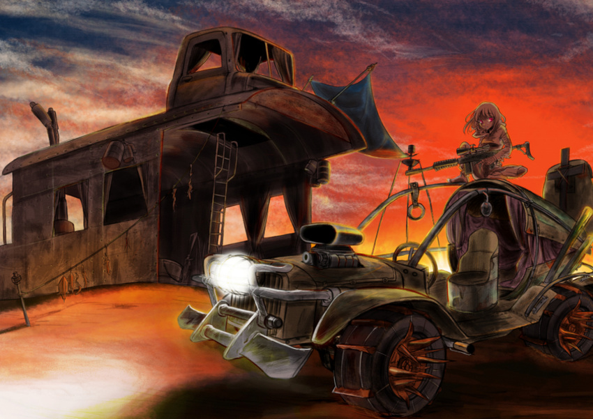 abandoned bad_id bad_pixiv_id caboose car cloud cloudy_sky commentary_request cross curtains desert dune_buggy gilgil ground_vehicle gun headlights holding holding_gun holding_weapon jury-rigged ladder lizard long_hair motor_vehicle on_vehicle original post-apocalypse red_eyes rifle rope sky solo sunset tarpaulin weapon