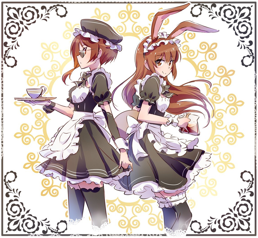 animal_ears apron brown_eyes brown_hair bunny_ears coco_adel coffee commentary cup frilled_skirt frills iesupa maid maid_apron maid_cap maid_headdress multiple_girls rwby skirt sunglasses thighhighs tray velvet_scarlatina waitress