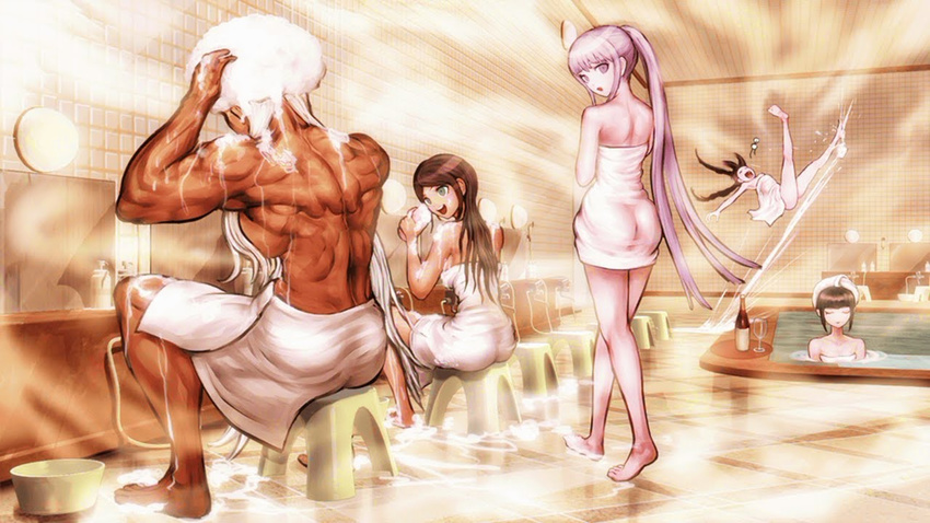 :d asahina_aoi ass bare_shoulders barefoot bath breasts brown_hair celestia_ludenberck closed_eyes collarbone danganronpa danganronpa_1 dark_skin fukawa_touko game_cg glasses green_eyes indoors kirigiri_kyouko komatsuzaki_rui large_breasts long_hair looking_back multiple_girls muscle naked_towel official_art oogami_sakura open_mouth ponytail purple_eyes purple_hair silver_hair sitting smile soap towel very_long_hair white_towel