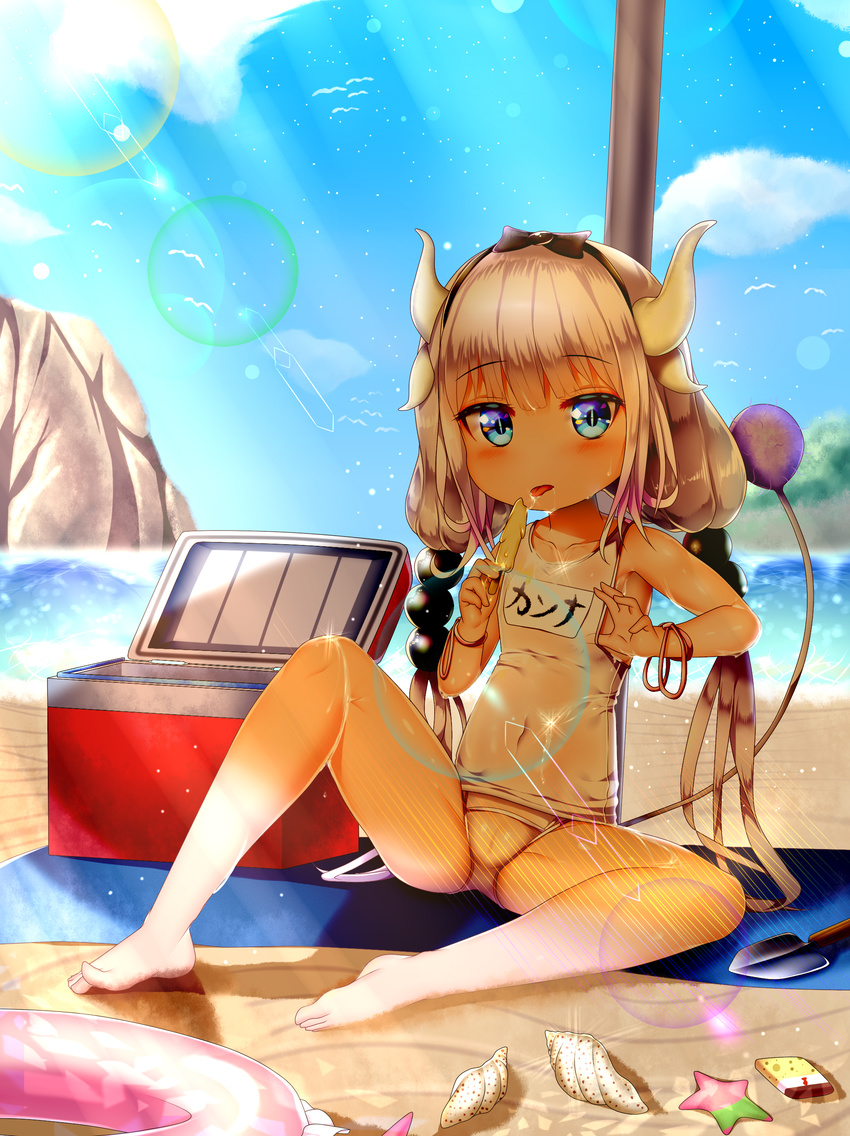 10s 1girl bangs bare_arms bare_shoulders barefoot beach beads black_bow black_hairband blue_eyes blue_sky blunt_bangs bow cameltoe child cloud collarbone cooler covered_navel day dragon_girl dragon_horns dragon_tail eyebrows eyebrows_visible_through_hair feet female food hair_beads hair_bow hairband holding holding_food horns ice_cream innertube kanna_kamui kobayashi-san_chi_no_maidragon lavender_hair long_hair looking_at_viewer low_twintails omsi007 one-piece_swimsuit outdoors rock saliva seashell sitting sky solo spread_legs swimsuit tail toes tongue tongue_out twintails water