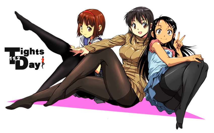 :d armpit_peek black_hair black_legwear blush breasts brown_eyes choker hair_ornament hairband hairclip large_breasts legs long_hair looking_at_viewer multiple_girls open_mouth original pantyhose plantar_flexion red_hair revision ribbed_sweater short_hair simple_background skirt smile sweater thighband_pantyhose v white_background yuya