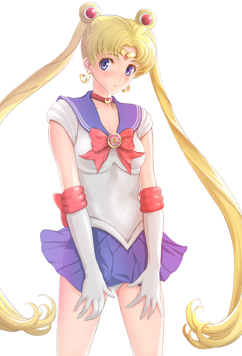 ass_visible_through_thighs bishoujo_senshi_sailor_moon blonde_hair blue_eyes blue_sailor_collar blue_skirt bow choker circlet crescent crescent_earrings earrings elbow_gloves gloves highres jewelry long_hair looking_to_the_side miniskirt pleated_skirt red_bow red_choker sailor_collar sailor_moon sailor_senshi_uniform see-through skirt solo sonota_taisei tsukino_usagi twintails very_long_hair white_background white_gloves
