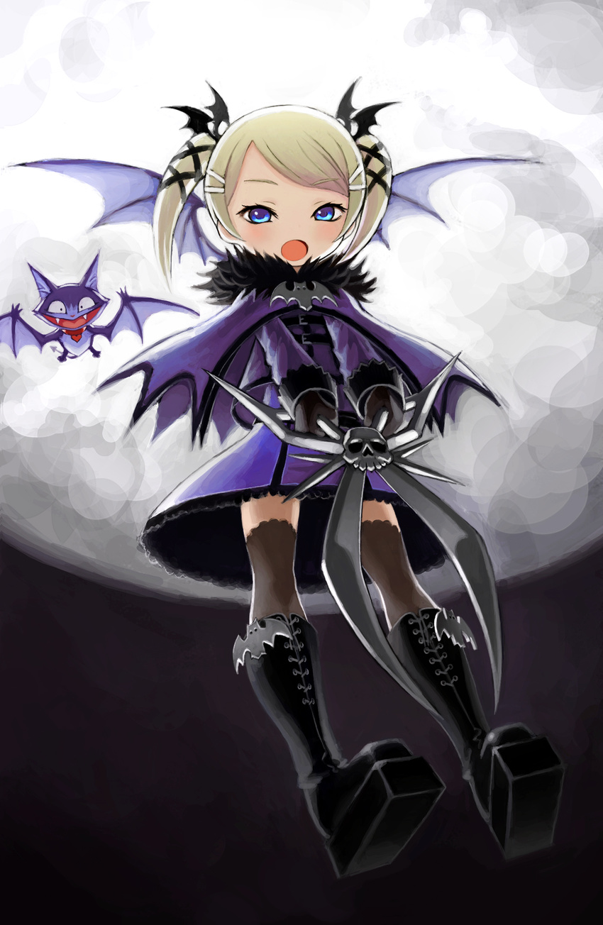 bangs bat bat_wings black_footwear black_gloves black_wings blonde_hair blue_eyes boots capelet casper_(deathsmiles) cross-laced_footwear deathsmiles dress emblem familiar flying full_body gloves gothic_lolita hair_ornament highres hiro1984 holding holding_weapon knee_boots lace lace-trimmed_dress lace-up_boots lolita_fashion long_sleeves looking_at_viewer moon open_mouth oversized_object purple_capelet purple_dress scissors short_dress short_hair skull solo swept_bangs thighhighs twintails weapon wings x_hair_ornament