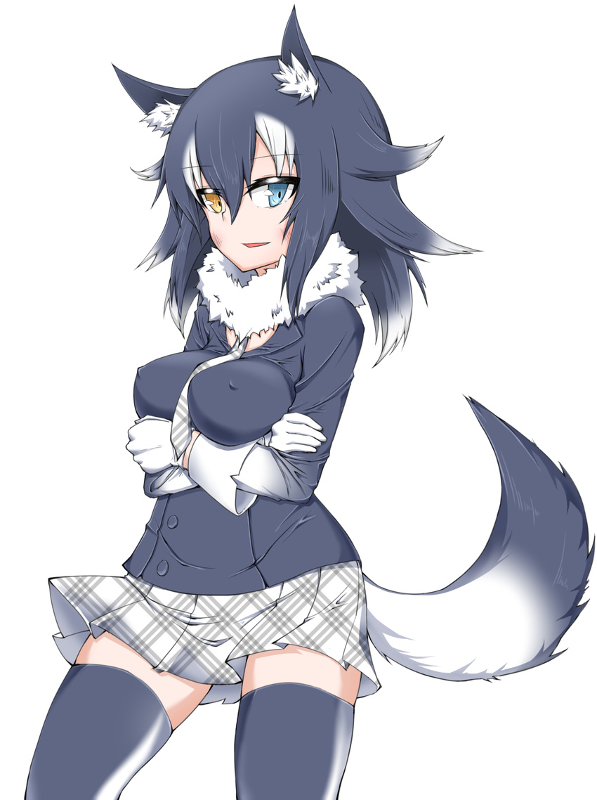 animal_ears black_hair blue_eyes blush breasts covered_nipples crossed_arms fur_collar gloves grey_wolf_(kemono_friends) heterochromia highres kemono_friends long_hair long_sleeves looking_at_viewer medium_breasts multicolored_hair necktie open_mouth rikuhito simple_background skirt solo tail thighhighs two-tone_hair white_background wolf_ears wolf_tail yellow_eyes zettai_ryouiki