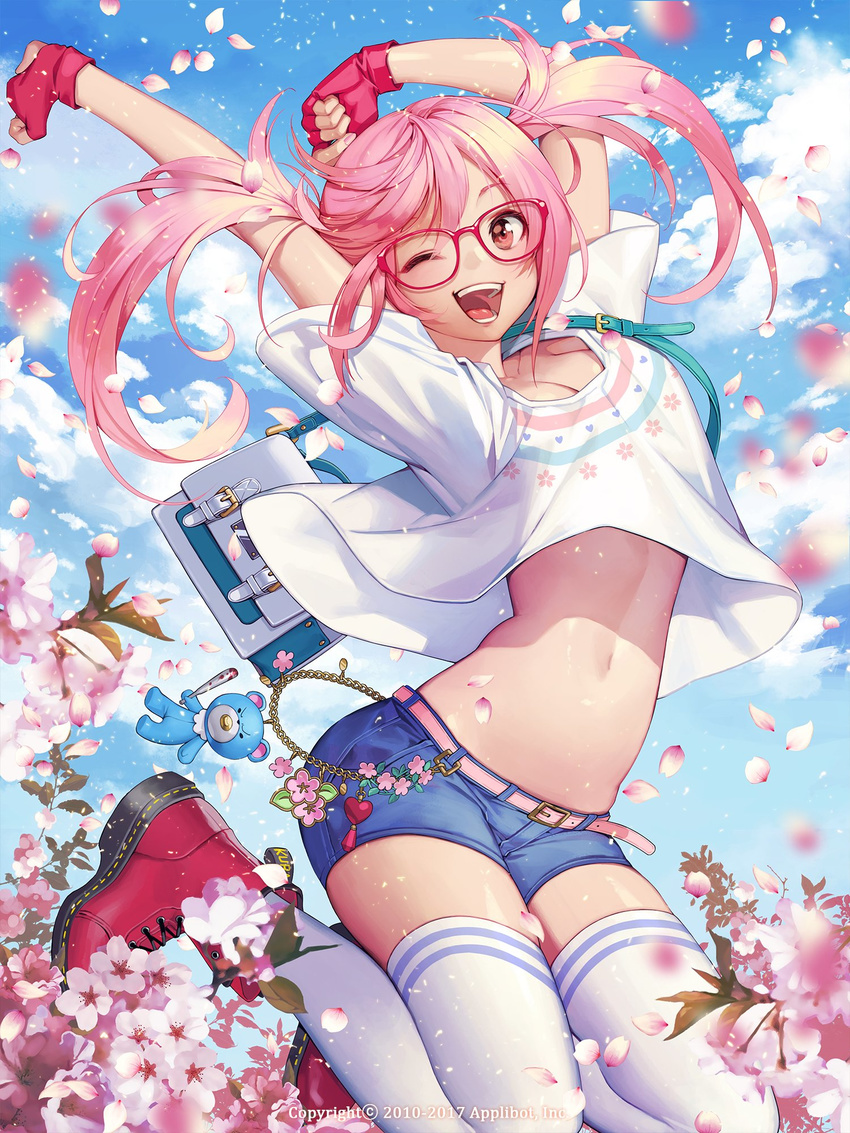 ;d ankle_boots arms_up bag belt belt_buckle blue_shorts blue_sky boots breasts buckle cherry_blossoms cleavage cloud cloudy_sky collarbone crop_top crop_top_overhang cross-laced_footwear day eyebrows_visible_through_hair fingerless_gloves fingernails furyou_michi_~gang_road~ glasses gloves highres jumping lace-up_boots long_hair medium_breasts midair midriff nail_polish navel one_eye_closed open_mouth outdoors pink_belt pink_eyes pink_hair pink_nails red-framed_eyewear red_gloves shiny shiny_skin shirt short_shorts short_sleeves shorts shoulder_bag skindentation sky smile solo soo_kyung_oh stomach teeth thighhighs tongue twintails white_legwear white_shirt