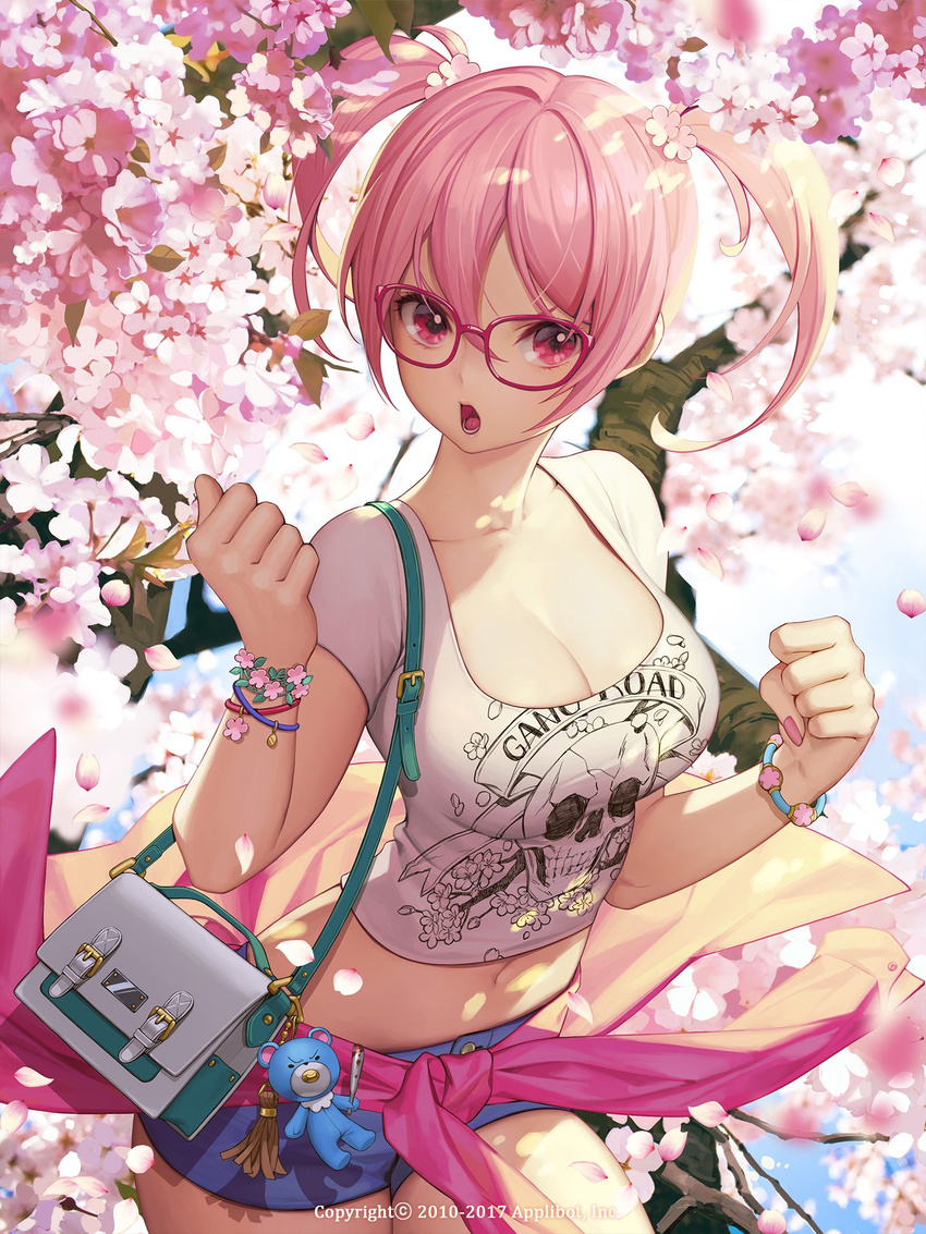 bag bangs blue_shorts bracelet breasts charm_(object) cherry_blossoms cleavage clenched_hands clothes_around_waist collarbone cowboy_shot day fingernails flower furyou_michi_~gang_road~ glasses hair_between_eyes hair_flower hair_ornament hands_up highres jacket jacket_around_waist jewelry large_breasts looking_at_viewer midriff nail_polish navel outdoors petals pink-framed_eyewear pink_hair pink_jacket pink_lips pink_nails shirt short_shorts short_sleeves shorts shoulder_bag solo soo_kyung_oh teeth tongue two_side_up white_shirt