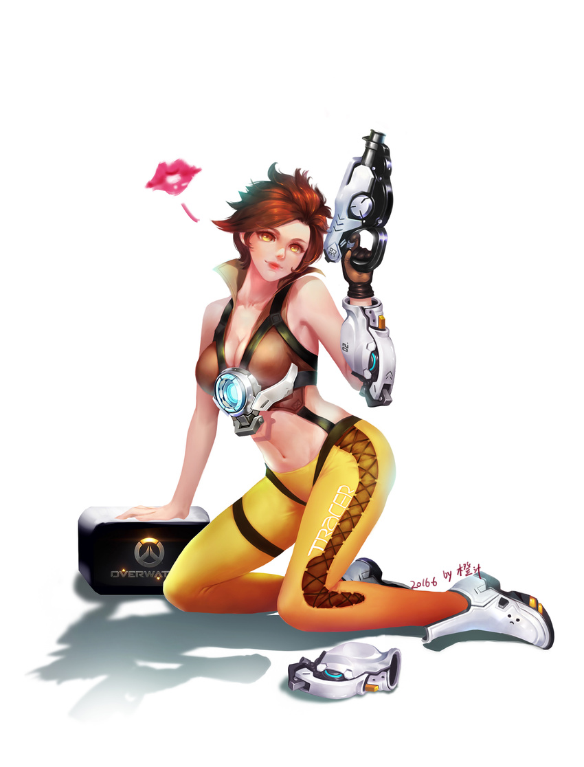 2016 absurdres adapted_costume areolae arm_support artist_name bangs bare_shoulders breasts brown_gloves brown_hair character_name chen_lu cleavage clothes_writing collarbone copyright_name finger_on_trigger full_body gloves glowing goggles gun handgun harness highres holding holding_gun holding_weapon kneeling large_breasts leaning light_smile lipstick_mark looking_at_viewer navel number overwatch pants red_lips see-through shadow short_hair simple_background single_glove skin_tight sleeveless smile solo stomach thigh_strap tracer_(overwatch) weapon white_background white_footwear yellow_eyes yellow_pants