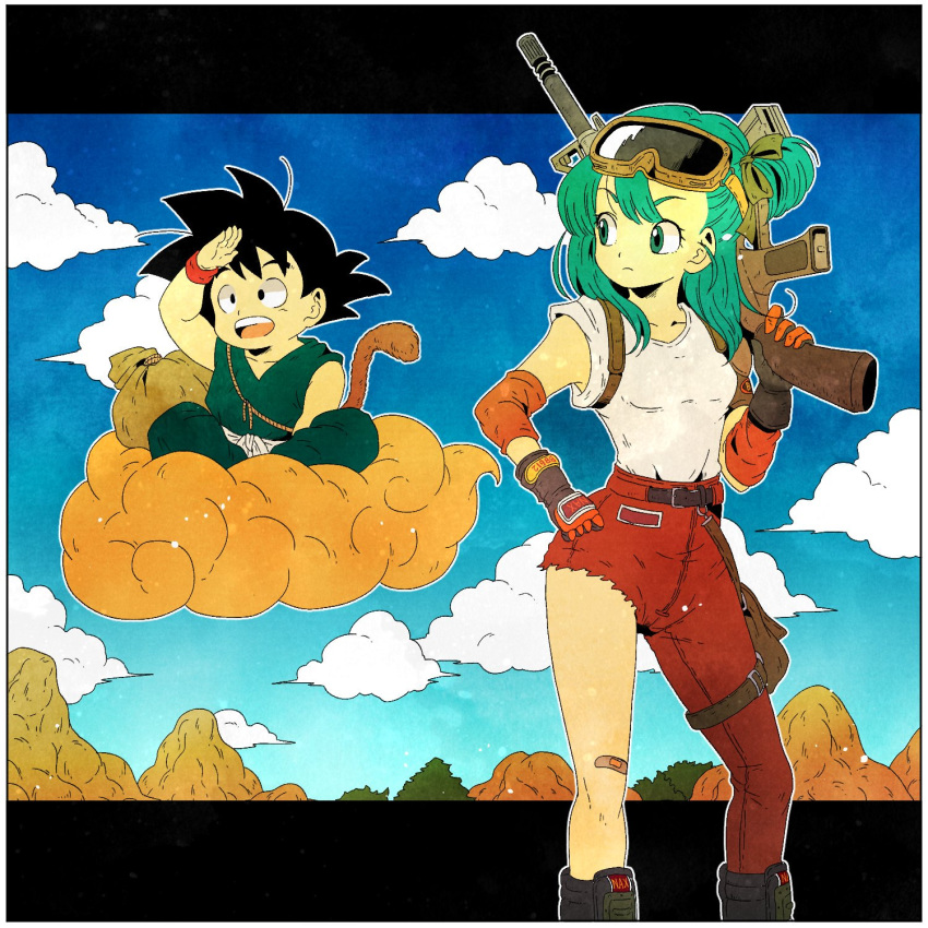 1boy 1girl :d aqua_eyes aqua_hair bag bandage black_eyes black_hair blue_sky boots border bulma carrying cloud cloudy_sky day denim dougi dragon_ball dragon_ball_(classic) expressionless floating flying_nimbus gloves goggles goggles_on_head gun hand_on_hip hand_on_own_face happy highres jeans legs_crossed letterboxed looking_away mountain open_mouth outdoors over_shoulder pants rock shirt short_hair sitting sky sleeves_rolled_up smile son_gokuu spiked_hair spread_legs standing tail teeth toritoki_(trig_tkdb) torn_clothes tree upper_teeth weapon weapon_over_shoulder white_border white_shirt wristband