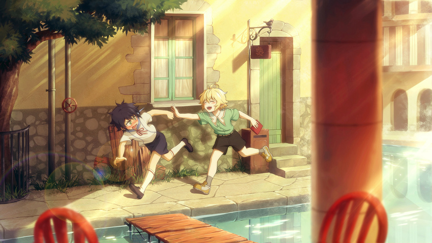 ahoge black_hair blonde_hair blurry blush book bridge building canal chair chasing child closed_eyes depth_of_field fcc green_eyes green_shirt holding holding_book hyakuya_mikaela hyakuya_yuuichirou kneehighs lens_flare light_rays loafers looking_at_another looking_back male_focus multiple_boys neck_ribbon open_mouth outdoors outstretched_arm owari_no_seraph pipes ribbon running shirt shoes short_sleeves shorts sidewalk smile sneakers socks stucco sunbeam sunlight town tree water white_legwear white_shirt window younger
