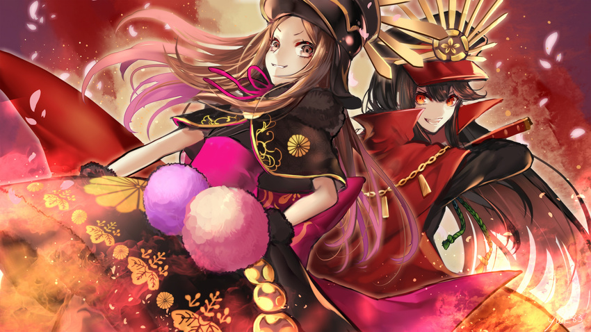 :d aunt_and_niece black_hair brown_eyes brown_hair cape capelet chacha_(fate/grand_order) chain family_crest fate/grand_order fate_(series) fire floral_print fur_trim gold_chain grin hand_on_hip hat hat_ornament highres holding holding_sword holding_weapon katana long_hair looking_at_viewer military military_uniform multiple_girls oda_nobunaga_(fate) oda_uri open_mouth petals red_cape red_eyes smile standing sword uniform v-shaped_eyebrows weapon yui_(kawalcjil4)