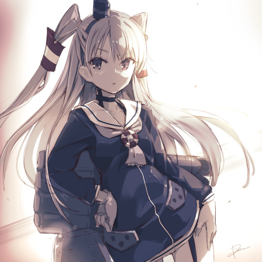 :&lt; amatsukaze_(kantai_collection) artist_name choker collarbone contrapposto cowboy_shot dress dutch_angle garter_straps gloves gradient gradient_background hair_ornament hair_tubes hand_on_hip hand_on_thigh headgear highres kantai_collection lifebuoy limited_palette long_hair long_sleeves looking_at_viewer pemu sailor_collar sailor_dress sepia single_glove solo standing torpedo two_side_up white_background