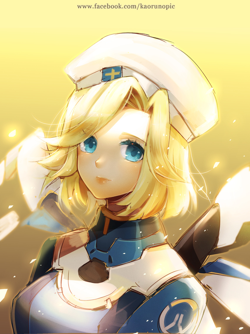absurdres alternate_costume alternate_hairstyle atobesakunolove beret blonde_hair blue_eyes bodysuit breasts closed_mouth combat_medic_ziegler emblem eyebrows_visible_through_hair eyelashes eyes_visible_through_hair facebook_username gradient gradient_background hat highres lips logo long_sleeves looking_at_viewer mechanical_wings medium_breasts mercy_(overwatch) overwatch pink_lips short_hair solo turtleneck upper_body watermark web_address white_hat wings