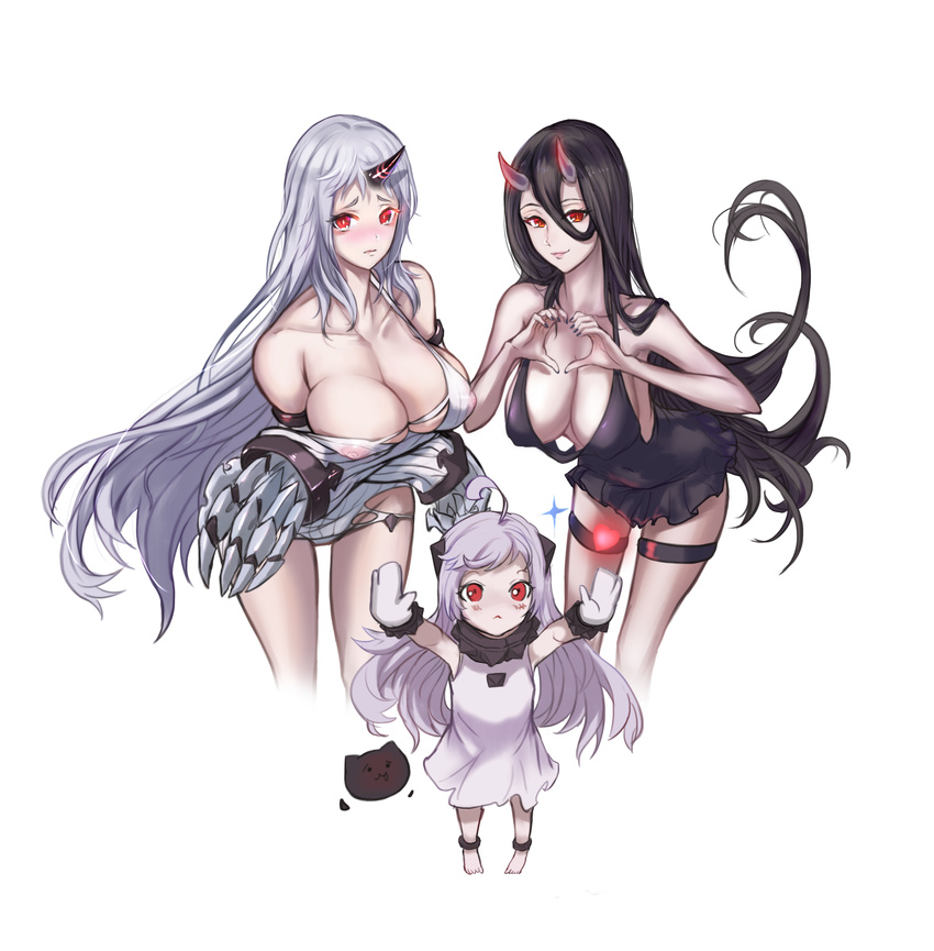 absurdres ahoge areolae arms_up barefoot battleship_hime black_dress black_hair breasts claws cleavage covered_nipples cowboy_shot cropped_legs dress embarrassed from_above heart heart_hands height_difference highres horn horns kantai_collection large_breasts leaning_forward light_smile lips looking_at_viewer mittens multiple_girls nipples northern_ocean_hime ribbed_dress seaport_hime see-through shinkaisei-kan short_dress simple_background thigh_strap torn_clothes tsuki_no_i-min white_background white_hair