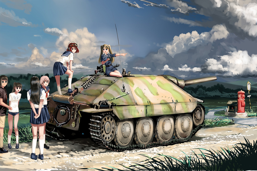 black_hair blonde_hair blue_eyes brown_eyes caterpillar_tracks cloud day glasses grass ground_vehicle gun gym_uniform highres jagdpanzer_38(t) japanese_cylindrical_postbox machine_gun military military_vehicle motor_vehicle multiple_girls nogami_takeshi pants pink_hair postbox_(outgoing_mail) red_eyes red_hair school_uniform serafuku_to_juusensha shimada_kanon shirt skirt sky tank tank_destroyer weapon y_youko_peiper