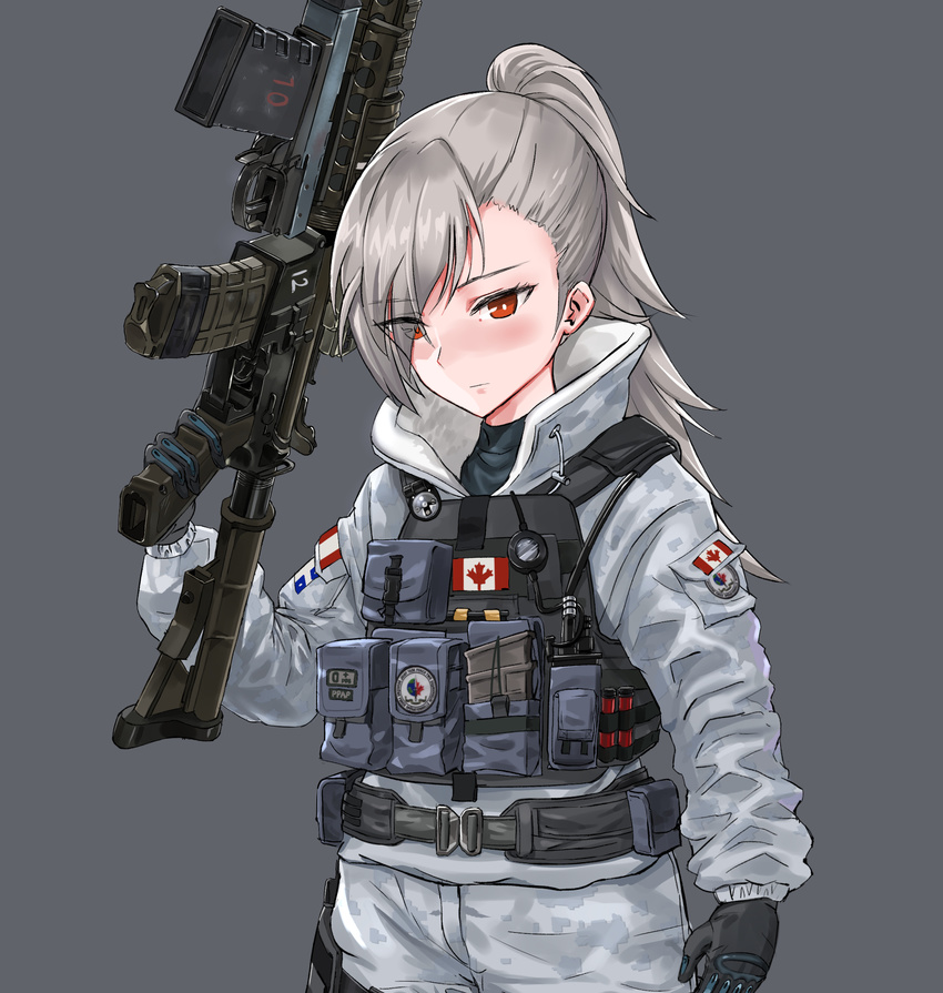 belt buck_(rainbow_six_siege) c8-sfw camouflage canadian_flag closers commentary_request cosplay digital_camouflage eyebrows_visible_through_hair eyes_visible_through_hair gloves gun hair_over_one_eye highres jacket load_bearing_vest military_operator ponytail pouch rainbow_six_siege red_eyes silver_hair ssamjang_(misosan) tactical_clothes tina_(closers) trigger_discipline upper_body weapon