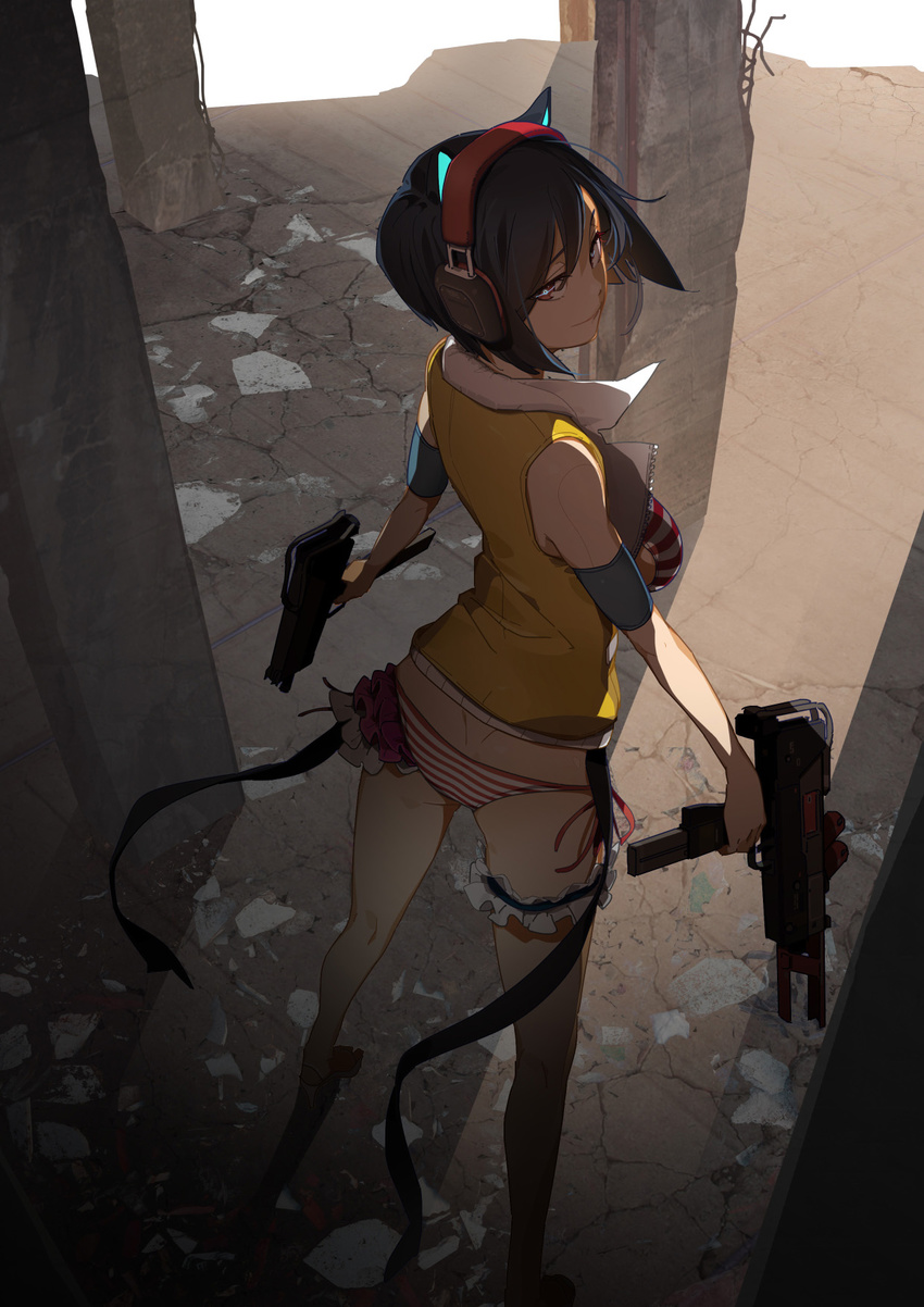 bikini black_hair bob_cut cat_ear_headphones dual_wielding from_above gun headphones highres holding looking_back no_pants original panties sakura_sora short_hair side-tie_panties solo striped striped_panties swimsuit thigh_strap underwear vest weapon