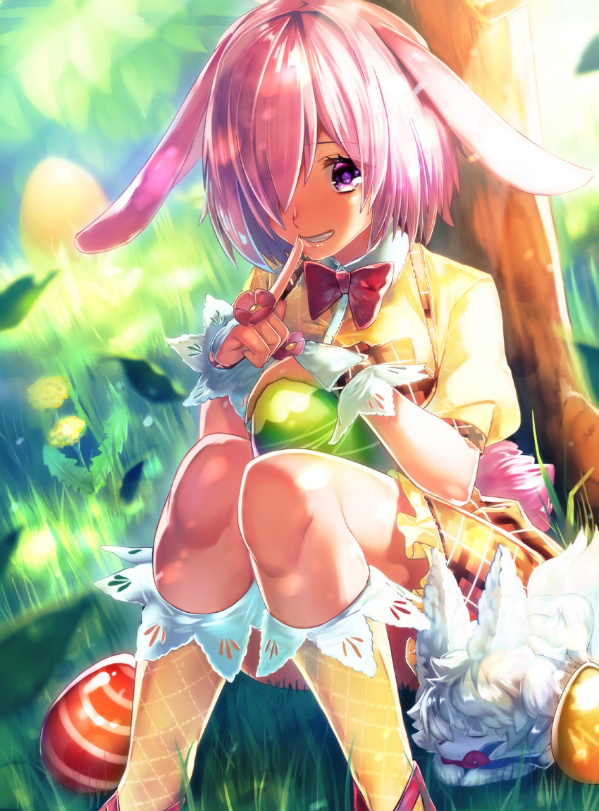 absurdres against_tree alternate_costume animal_ears ayamori_mimi bow bowtie bunny_ears dress easter easter_egg egg fate/grand_order fate_(series) finger_to_mouth fingerless_gloves fou_(fate/grand_order) gloves grass grin hair_over_one_eye highres knees_together_feet_apart knees_up looking_at_viewer mash_kyrielight on_ground open_mouth outdoors pinafore_dress plaid plaid_dress puffy_short_sleeves puffy_sleeves purple_eyes purple_hair red_bow red_neckwear shirt short_sleeves shushing sitting sleeping sleeveless sleeveless_dress smile socks tree white_gloves yellow_legwear yellow_shirt