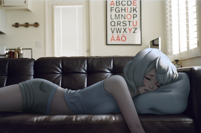 alphabet bare_arms bare_shoulders belly_peek blinds breasts closed_eyes couch door eyelashes grey_hair highres indoors lips lying mawa_setiawan nose on_couch on_stomach open_mouth original photo_background picture_(object) pillow pink_lips shirt short_hair short_shorts shorts sleeping sleeveless sleeveless_shirt small_breasts solo teeth television white_shirt window