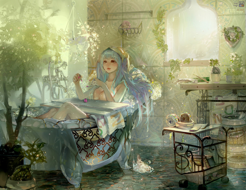 aqua_hair artist_name bangs basket bath bathing bathroom bathtub blue_hair book breasts brown_eyes bubble bubble_bath claw_foot_bathtub cleavage commentary dahl-lange faucet gradient_hair hair_censor hair_over_breasts hanging_plant headphones headphones_removed indoors kiseru knees_up laundry_basket league_of_legends light_particles lipstick long_hair makeup medium_breasts multicolored_hair nail_polish nail_polish_bottle nude painting_nails parted_lips pink_lipstick pink_nails pipe plant potted_plant revision serving_cart shelf slipper_bathtub soap_bubbles solo sona_buvelle stone_floor sunlight tile_wall tiles towel towel_on_head towel_rack twintails watermark window