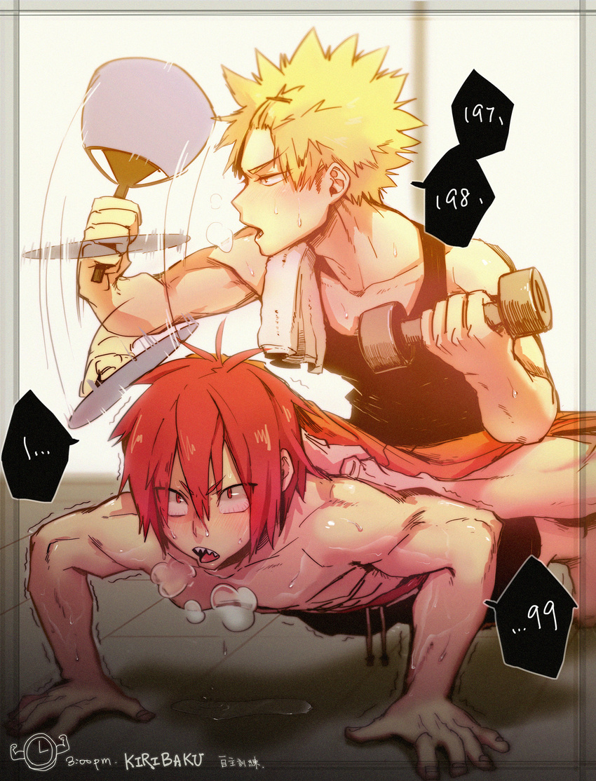 absurdres bakugou_katsuki bangs_pinned_back biceps blonde_hair blush boku_no_hero_academia clock exercise fan hair_down highres kirishima_eijirou looking_up male_focus manly multiple_boys open_mouth push-ups red_eyes sharp_teeth shirtless shorts sitting sitting_on_person sweat tank_top teeth towel towel_around_neck xiao_(creation0528)