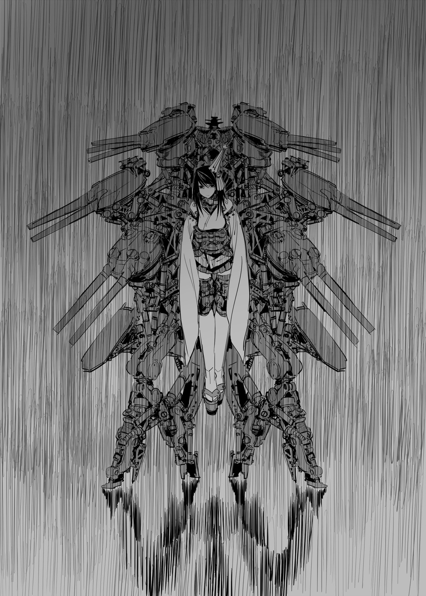 cannon fusou_(kantai_collection) greyscale highres japanese_clothes kantai_collection kimono machine machinery mado_(mukade_tou) mecha mecha_musume monochrome pistons rain robot solo