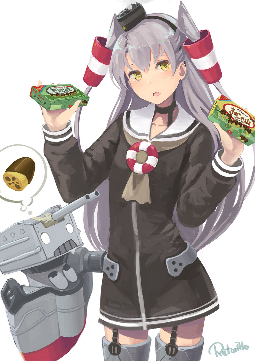 amatsukaze_(kantai_collection) artist_name bad_id bad_pixiv_id black_dress commentary_request dress hair_tubes highres kantai_collection kinoko_no_yama lifebuoy long_hair long_sleeves rensouhou-kun retorillo sailor_collar sailor_dress silver_hair simple_background takenoko_no_sato_(food) two_side_up white_background windsock yellow_eyes
