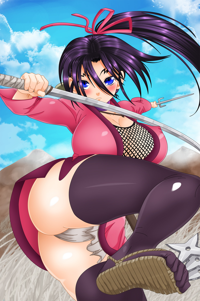 ass attacking_viewer blue_eyes blue_sky blush breasts choker cleavage covered_nipples cowboy_shot crotch day eyebrows facu10mag fishnets foreshortening frown fundoshi hair_between_eyes hands_up highres holding holding_sword holding_weapon japanese_clothes katana kousaka_shigure large_breasts leg_up long_hair long_sleeves mountain outdoors outstretched_arm ponytail purple_hair ribbon sai_(weapon) sandals shijou_saikyou_no_deshi_ken'ichi shiny shiny_clothes shiny_hair shiny_skin shuriken sky solo sunlight sword thighhighs toes underwear upskirt weapon