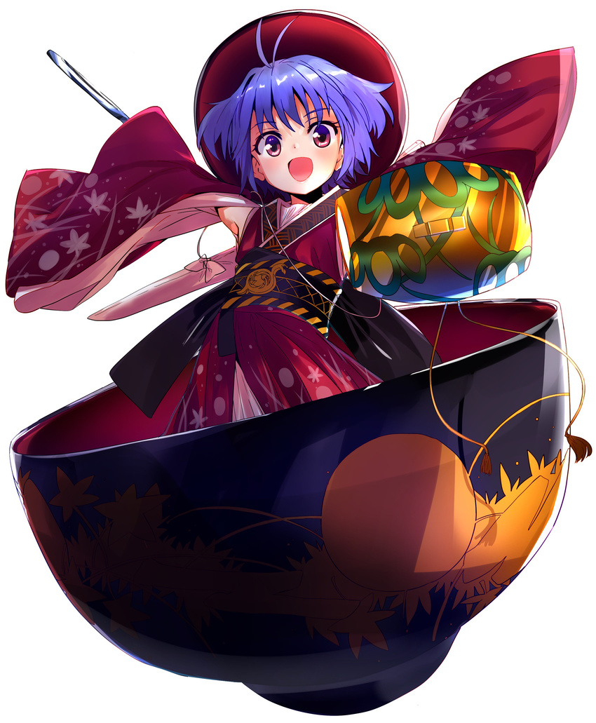 :d absurdres antenna_hair armpits blue_hair blush bowl bowl_hat detached_sleeves floral_print full_body hat highres japanese_clothes kimono long_sleeves looking_at_viewer minigirl miracle_mallet needle obi open_mouth purple_eyes sash short_hair smile solo string sukuna_shinmyoumaru touhou wide_sleeves zuwatake