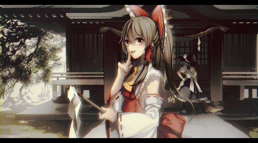 apron ascot broom brown_eyes brown_hair commentary_request detached_sleeves finger_to_mouth from_behind gohei hair_ribbon hair_tubes hakurei_reimu hakurei_shrine hat japanese_clothes kirisame_marisa letterboxed long_hair long_sleeves looking_at_viewer multiple_girls no-kan nontraditional_miko ponytail puffy_sleeves ribbon shirt short_sleeves shrine smile touhou upper_body waist_apron wide_sleeves witch_hat