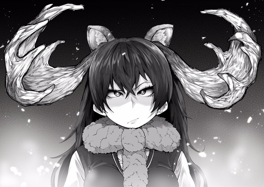 animal_ears antlers commentary_request greyscale image_sample kemono_friends long_hair monochrome moose_(kemono_friends) moose_ears scarf solo twitter_sample uneven_eyes upper_body yonyon_(yotayota_honpo)