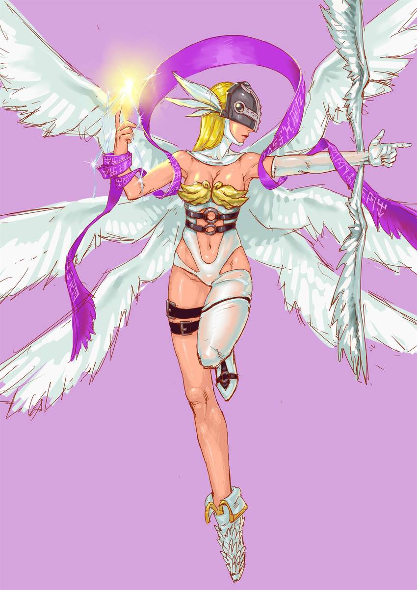 1girl angel_wings angewomon asymmetrical_clothes bandai bare_shoulders belt blonde_hair boots breasts cleavage covered_eyes digimon energy female full_body gloves head_wings heels helmet large_breasts long_hair multiple_wings navel pose ribbon simple_background smile solo thigh_strap winged_helmet wings