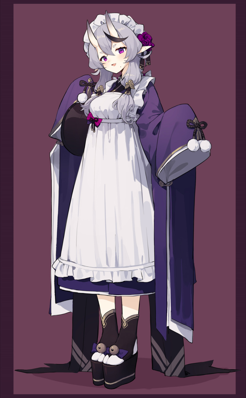 1girl :d apron bangs black_footwear black_hair blush dress flower frills full_body grey_hair hair_between_eyes hair_flower hair_ornament hand_up head_tilt highres long_dress long_hair long_sleeves looking_at_viewer maid_headdress mole mole_under_mouth multicolored_hair nijisanji oni_horns open_mouth platform_footwear pointy_ears purple_eyes purple_flower purple_rose rindou_mikoto rose sh_(562835932) shadow sleeves_past_fingers sleeves_past_wrists smile socks solo standing streaked_hair thick_eyebrows virtual_youtuber white_legwear wide_sleeves