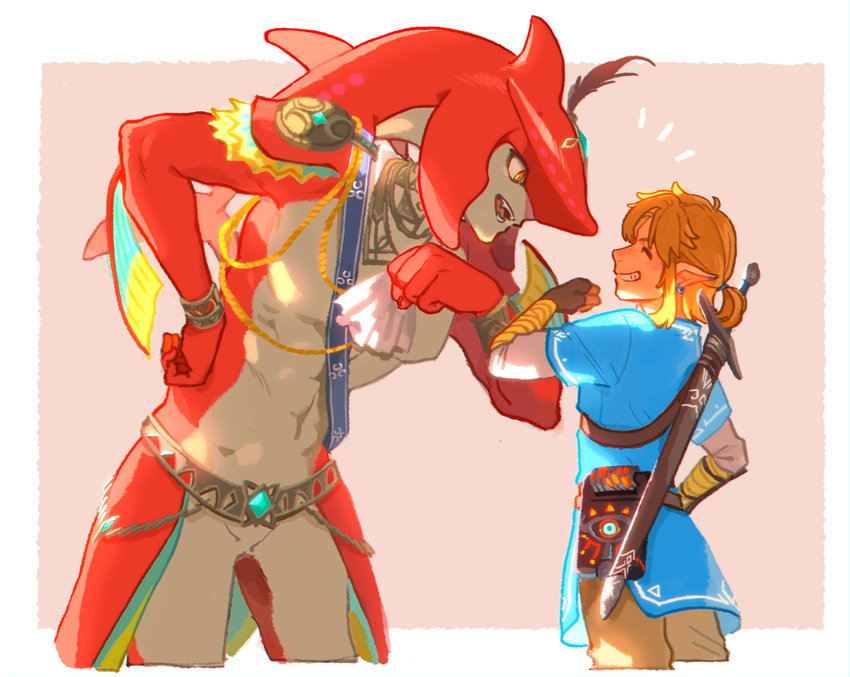 abs blonde_hair commentary_request fangs fingerless_gloves fishman gloves highres link looking_at_another male_focus meipu_hm monster_boy multiple_boys pointy_ears sidon smile sword teeth the_legend_of_zelda the_legend_of_zelda:_breath_of_the_wild weapon yellow_eyes zora