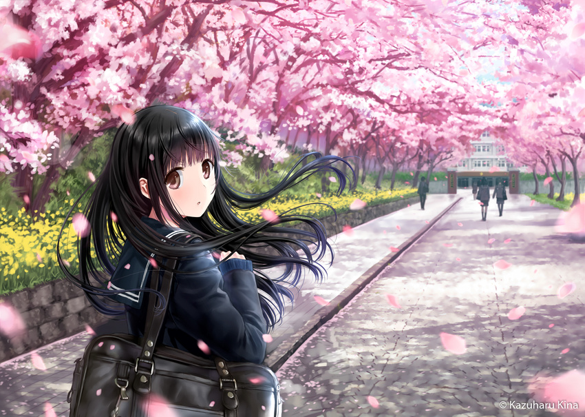 :o artist_name bag bangs black_hair black_serafuku blurry brown_eyes cherry_blossoms commentary_request floating_hair flower from_behind hand_up kazuharu_kina long_hair long_sleeves looking_at_viewer looking_back original outdoors people petals retaining_wall road school_bag school_uniform serafuku solo_focus street tree vanishing_point walking watermark wind yellow_flower